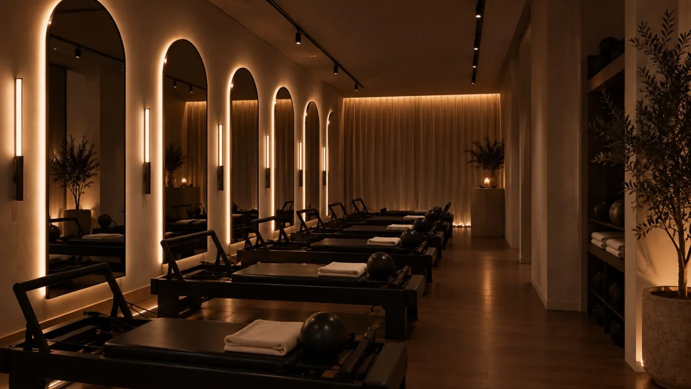 Concept visual: a row of dark reformer beds beneath backlit arched mirrors, folded towels and small balls resting on each bed