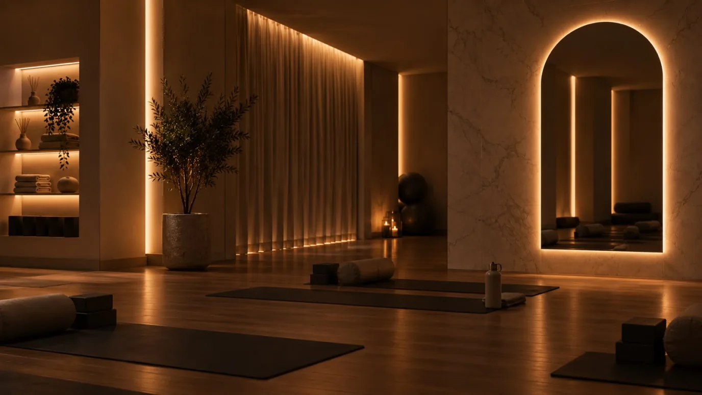 Concept visual: a candlelit practice room at night, dark mats and bolsters on timber beneath a glowing arched mirror, an olive tree by the curtains