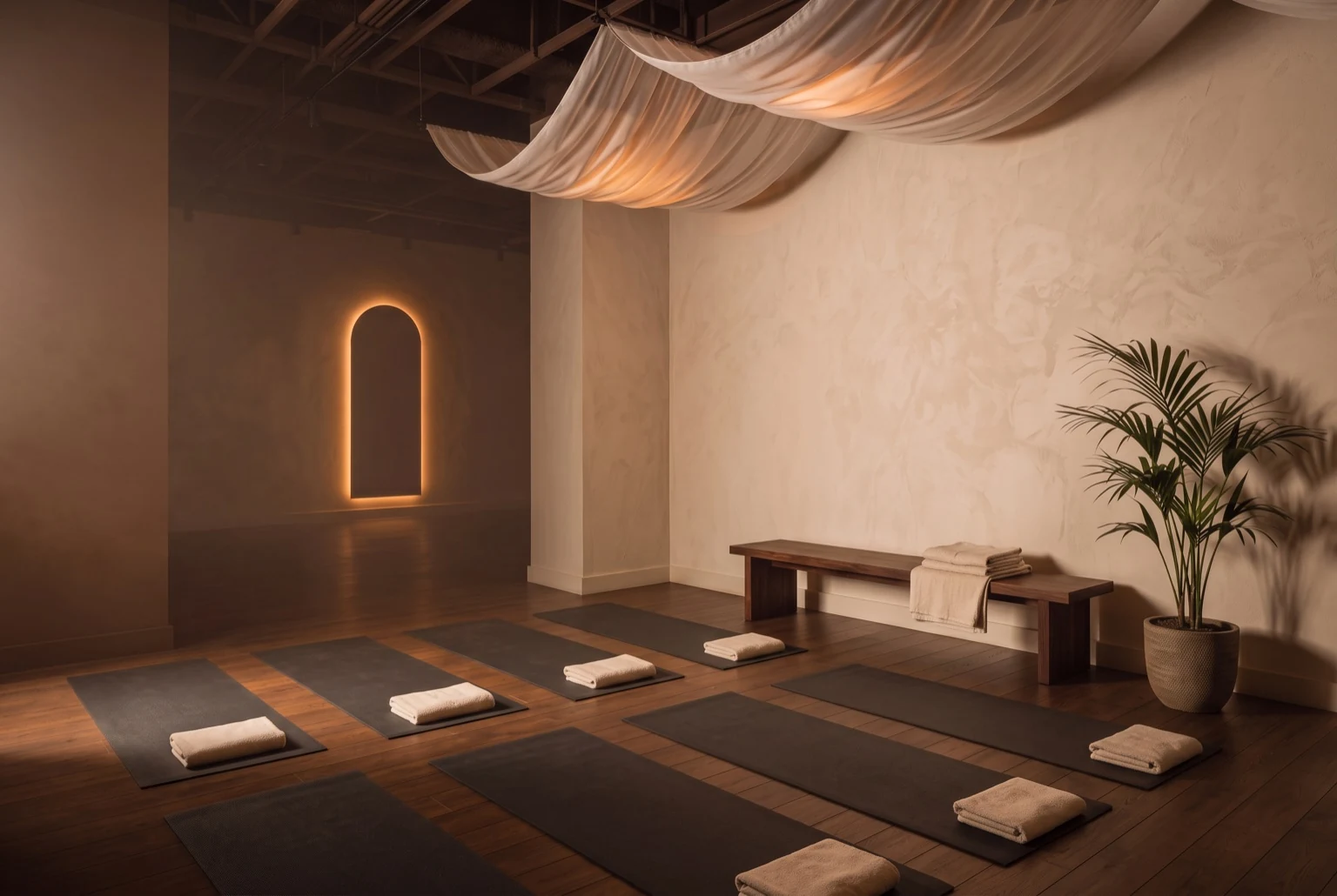 Concept visual: a heated practice room at dusk, eight dark mats with folded towels spaced generously on timber, a backlit arch glowing through soft haze