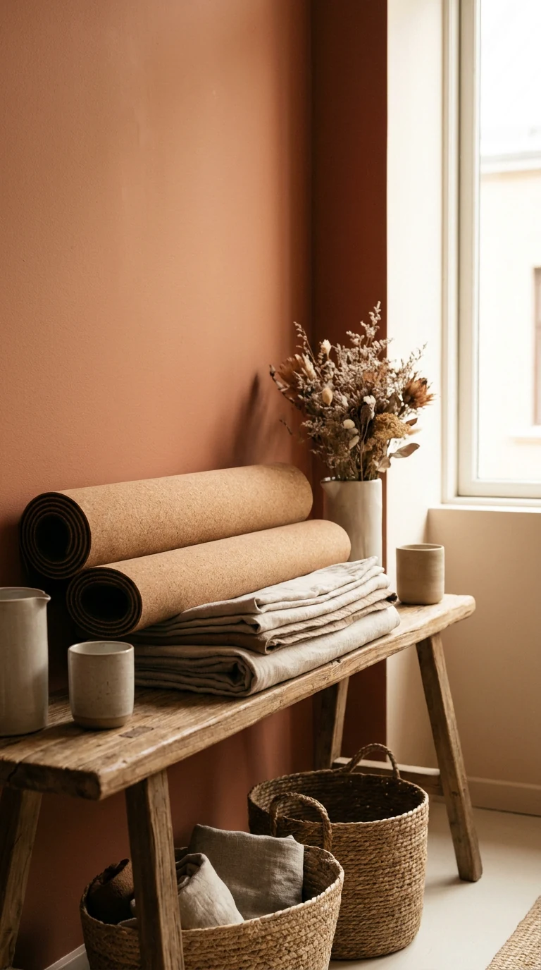 Concept visual: rolled cork mats and folded linen on a timber bench against a clay wall