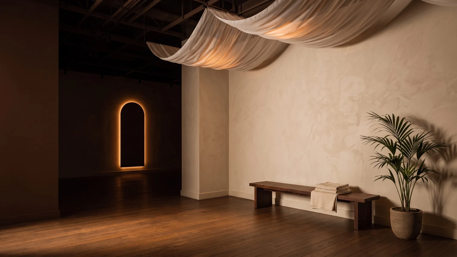 Concept visual: a quiet corner of the studio, warm light pooling on timber beneath soft drapes