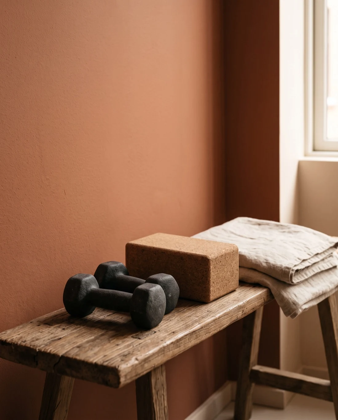 Concept visual: two dark hand weights, a cork block and folded linen on a timber bench against a terracotta wall