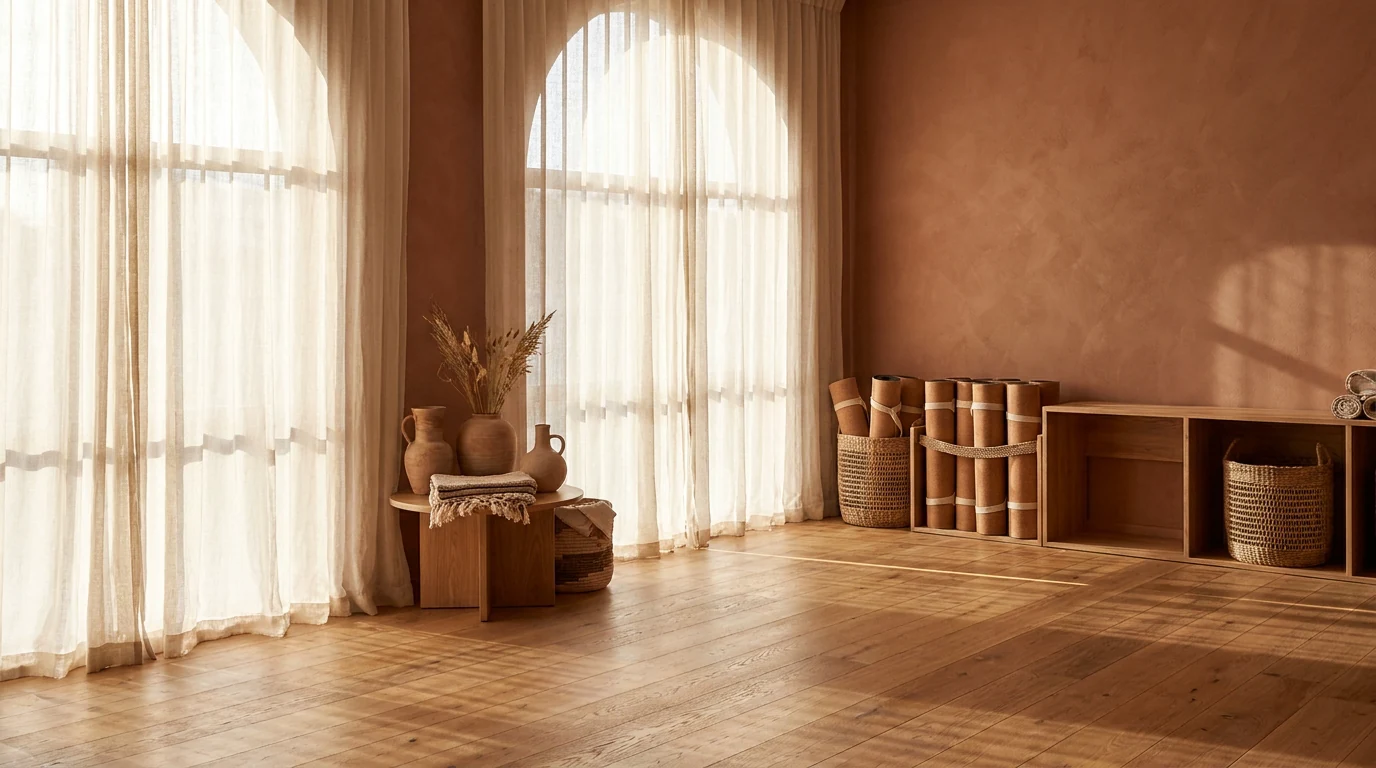 Concept visual: sheer curtains over tall arched windows in a bright practice room